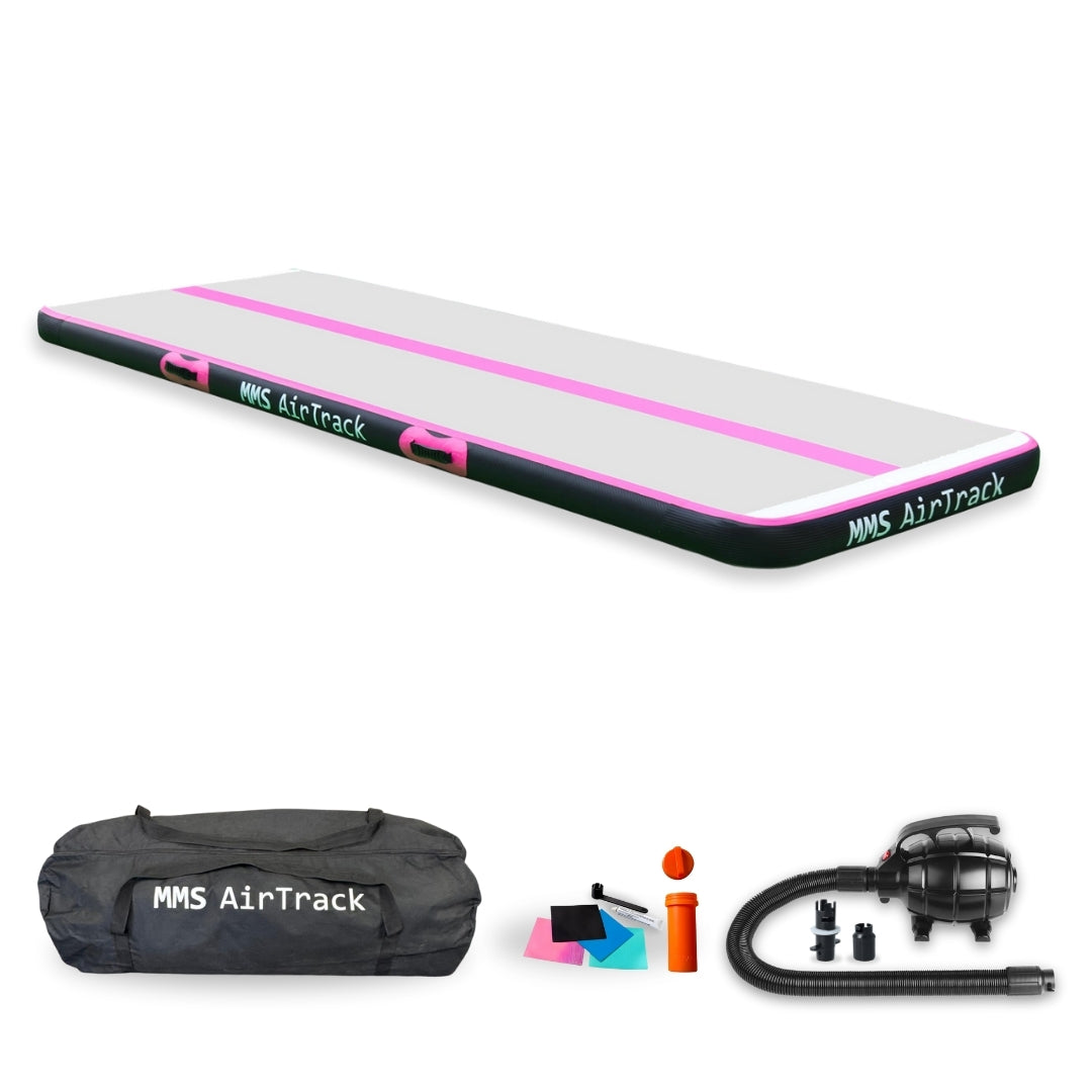 MMS AirTrack Basic in grijs met roze accenten, inclusief pomp en draagtas, ideaal voor training thuis of buiten.
