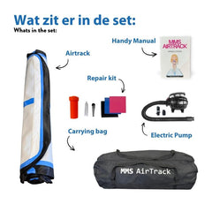 MMS AirTrack Square set met luchtmat, pomp, reparatieset en draagtas, ideaal voor turnen en martial arts.